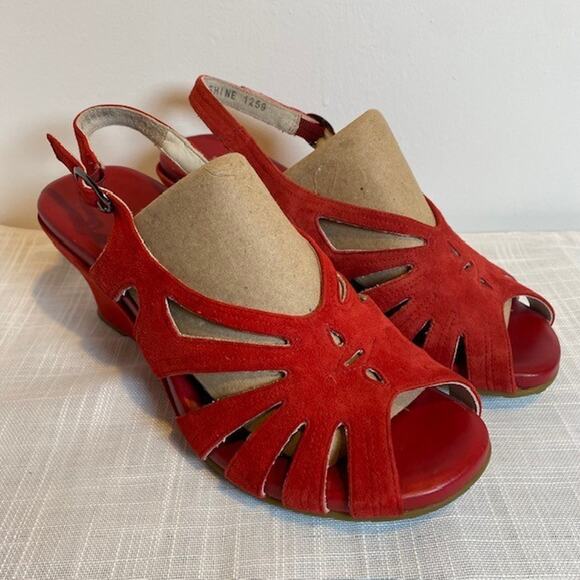 ZIERA Red Suede Wedge Slingback Peep Toe Sandals Womens Size 10.5 Heels Shoes - Picture 1 of 7